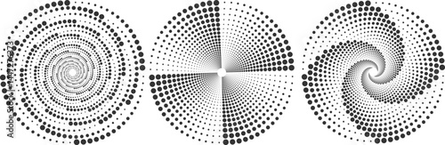 Set of black and white dotted vortex shapes, Circle halftone dots, vector illustration
