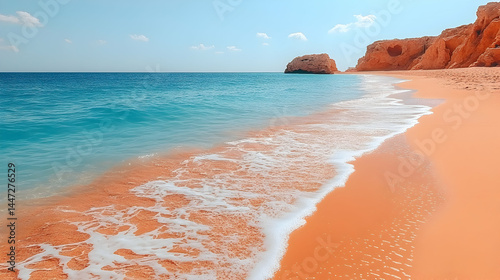Serene coastal scene Orange sand beach meets turquoise water gentle waves washing ashore Rocky headland in background