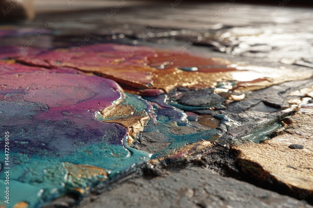 Naklejka premium Abstract Paint Pouring Blends Turquoise, Pink, and Gold Hues on Textured Surface for Visuals and Wallpapers