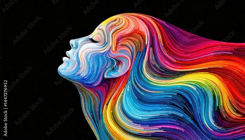 Obraz premium Colorful abstract painting of a woman's face with vibrant rainbow strokes flowing as hair on black