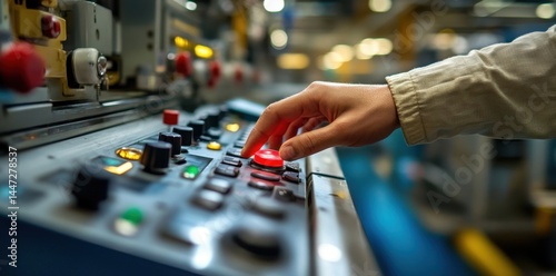 Hand operating control panel in a modern manufacturing facility during daytime