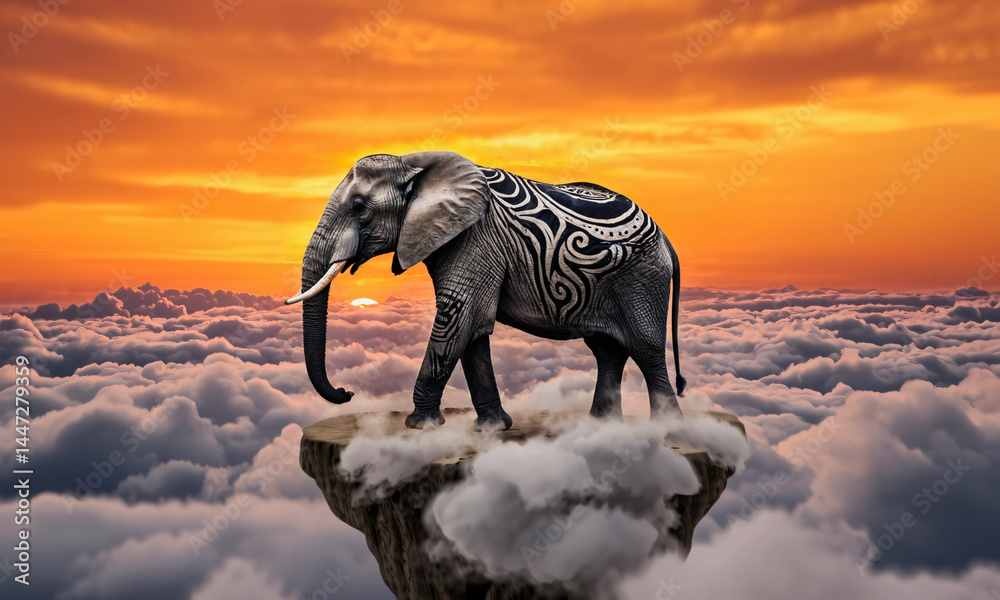 Fototapeta premium Elephant covered in tribal patterns made of clouds standing on a surreal floating island Generative AI