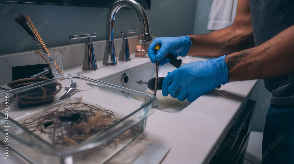 Plumber using drain snake to clear a clogged bathroom sink surrounded by tools and hair blockage Plumber using drain snake to clear a clogged bathroom sink surrounded by tools and hair blockage