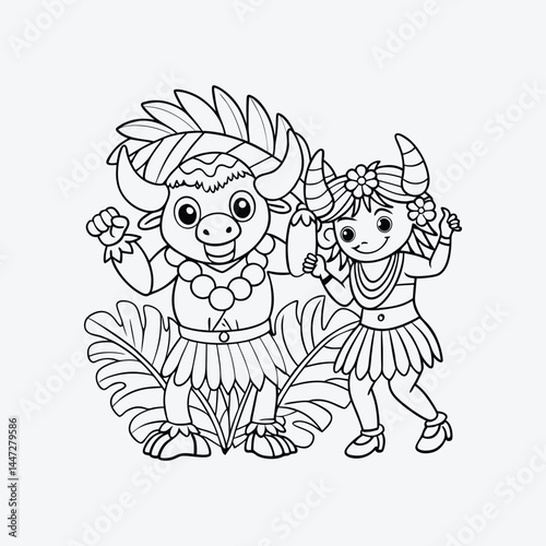 Buffalo Jungle Dance Coloring Page Vector Design