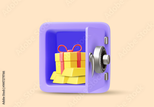 3d illustration vector render of open safe icon with gold bars inside and gift box. Concept of gold saving, wealth asset, bonus reward, secure investment, financial prize.