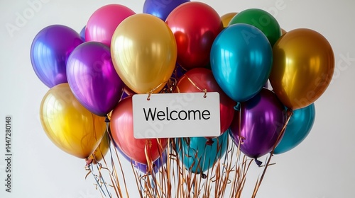 A vibrant bunch of balloons paired with a welcome card create a celebratory atmosphere, perfect for party or special occasion announcement