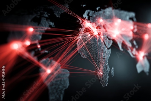 Global Network Connection with Red Beams Traversing a World Map, representing Information Flow and Global Reach