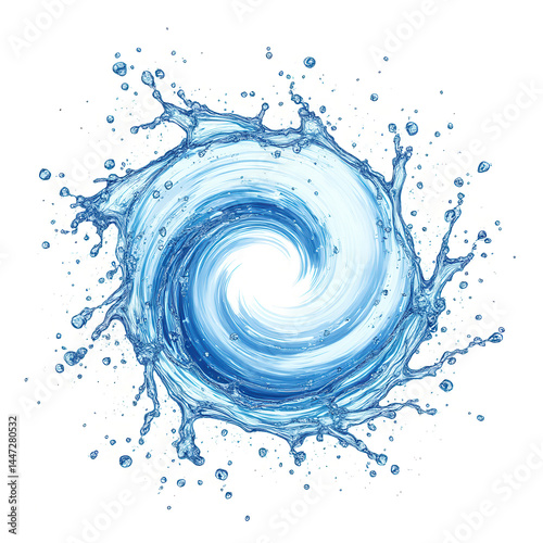 A swirling blue water vortex with dynamic splashes radiating outward in a circular motion.