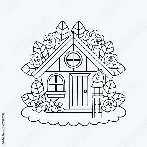 Wood Cottage with Flowers Coloring Page Vector Art