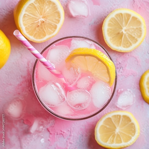 Pink lemonade in glass with ice and lemon slices
