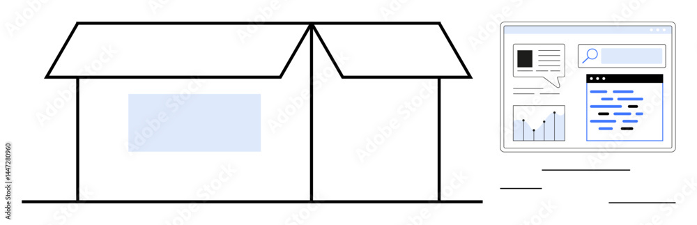 Warehouse outline with digital dashboard featuring data charts, search bar, and analytics. Ideal for logistics, e-commerce, data tracking, supply chain, inventory, technology and simple landing page Warehouse outline with digital dashboard featuring data charts, search bar, and analytics. Ideal for logistics, e-commerce, data tracking, supply chain, inventory, technology and simple landing page