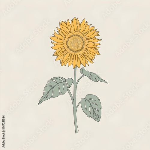 Modern sunflower sketch on light beige background.