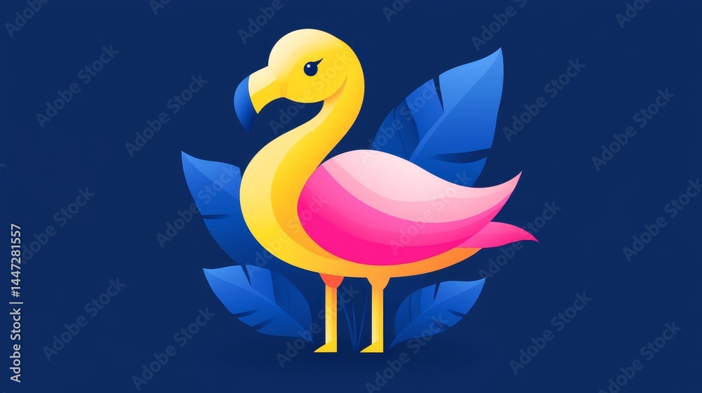 Fototapeta premium A visually appealing pixel art of a tropical flamingo with a golden body and pink wings against a background with blue tropical leaves art