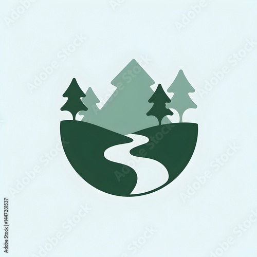 Minimalist pine forest icon with winding river on soft blue background.