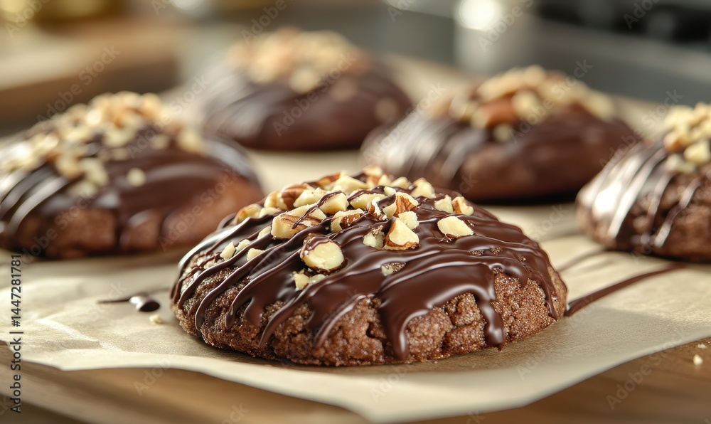 Delicious chocolate cookies topped with nuts on a baking tray in a cozy kitchen setting Delicious chocolate cookies topped with nuts on a baking tray in a cozy kitchen setting