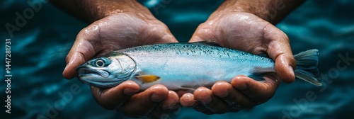 Close-Up of a Fisherman Holding a Freshly Caught Silver Salmon in His Hands Over Blue Water