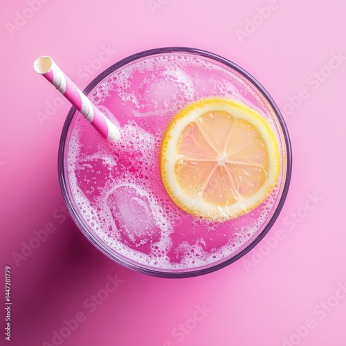 Pink lemonade drink with ice and lemon slice