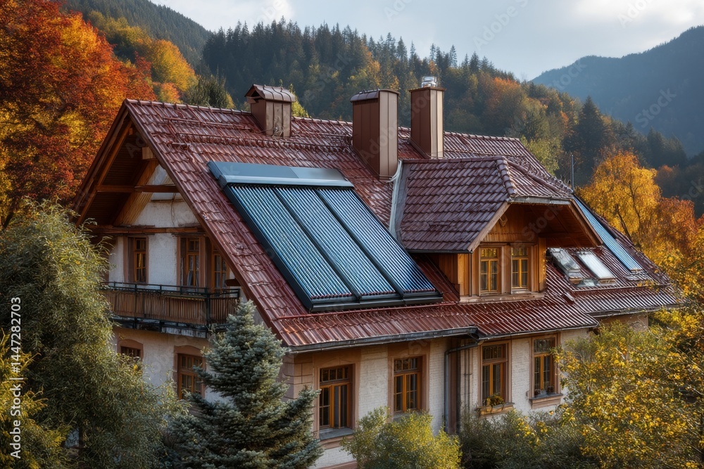 Bavarian House with Red Tile Roof and Solar Panels Surrounded by Vibrant Autumnal Trees Near Woods Bavarian House with Red Tile Roof and Solar Panels Surrounded by Vibrant Autumnal Trees Near Woods