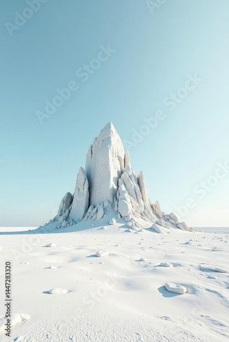 An isolated rock formation amidst a barren white terrain, emptiness, stillness