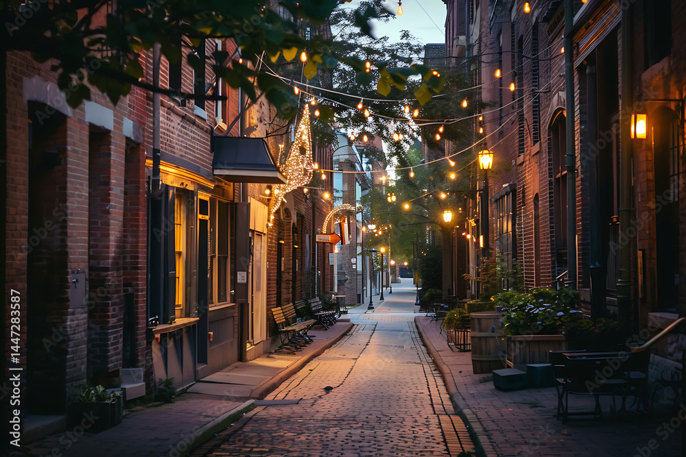 Obraz premium Cozy Cobblestone Alley with Brick Buildings and Warm Glowing String Lights