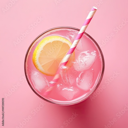 Pink lemonade in a glass with ice and a striped straw (1)