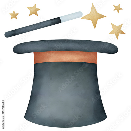 Watercolor illustration of a magic hat with wand and stars on transparent background.