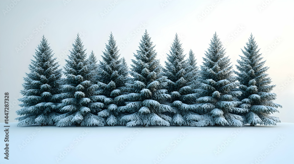 Obraz premium Row of snow-covered evergreen trees against a bright white background. Detailed view of the frosty pine trees
