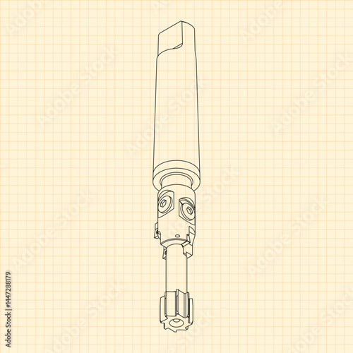 Mechanical engineering drawings. Tap tools, borer. Technical Design. Cover. Blueprint. Step Cutting Tool with Countersinking Function. Technical 3D Vector Illustration