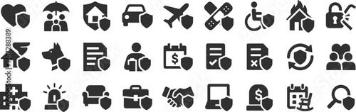 Property Insurance glyph icon set. Vector pictograms of fire, disaster, tornado, car, automobile, travel, accident, disability, document, agent, black sign silhouette illustration.
