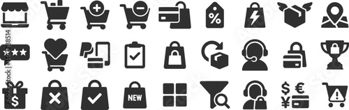 Online shopping glyph icon set. Vector pictograms of add, remove, product, discount, offer, sale, free shipping, delivery, map pin, return, customer support, black sign silhouette illustration.