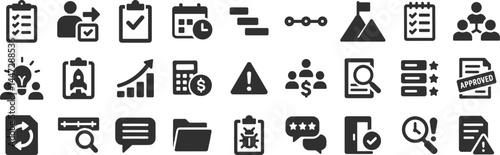 Project management glyph icon set. Vector pictograms of brainstorming, idea, rocket, collaboration, connection, request approval, folder, bug, black sign silhouette illustration.