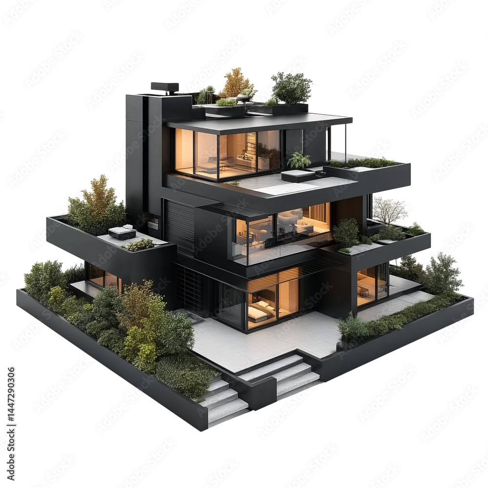 3D rendering of a modern house model with a terrace and garden on Png Format and Transparent Background 3D rendering of a modern house model with a terrace and garden on Png Format and Transparent Background