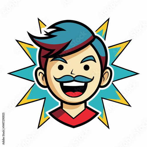 Cheerful cartoon man with a mustache expressing joy against vibrant background  