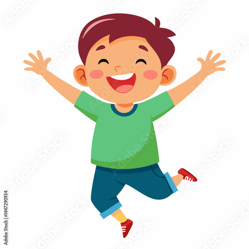Happy child jumping joyfully against a white background  