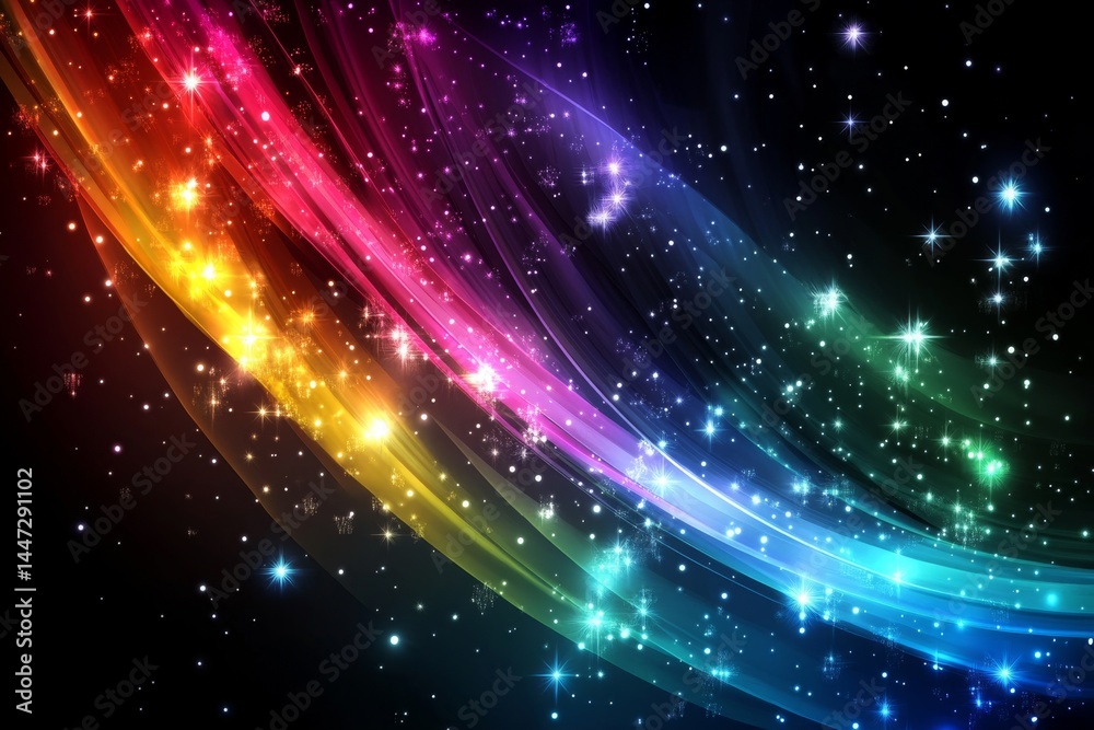 Fototapeta premium Abstract vibrant rainbow light trails on dark background with sparkling stars