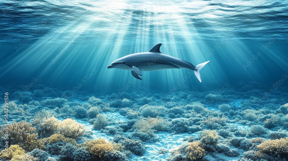 Fototapeta premium Anemone underwater reef with ray of sunlight showing the majestic dolphin swimming gracefully through the deep blue sea marine wildlife scene aquatic background