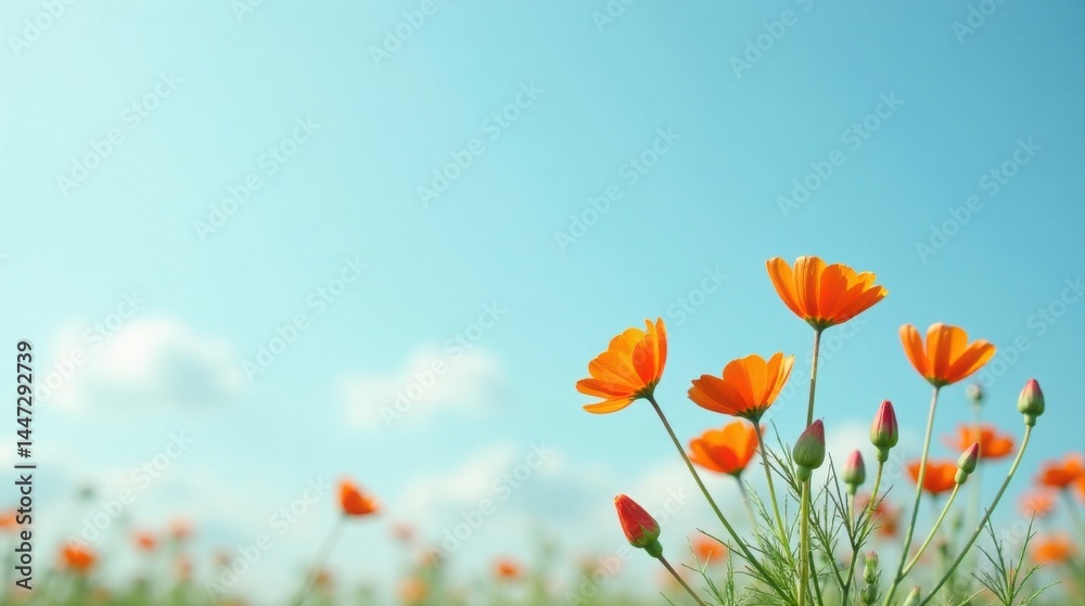 Naklejka premium Vibrant Orange Blossoms Reaching for a Sunny Sky, a Delightful Pastoral Scene of Nature's Beauty