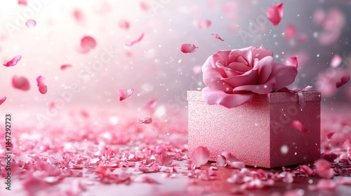 Pink Rose Resting Atop Pink Gift Box With Petals