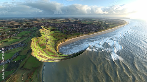 Wallpaper Mural Aerial view of coastal landscape Green hills meet sandy beach  ocean waves Coastal town visible Dramatic clouds over Torontodigital.ca