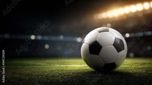 A classic black and white soccer ball sits perfectly centered on a lush green sports field under the bright stadium lights casting a soft glow over the entire scene.