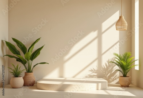 minimal product placement background with palm shadow on beige plaster wall luxury summer architecture interior aesthetic boho hom