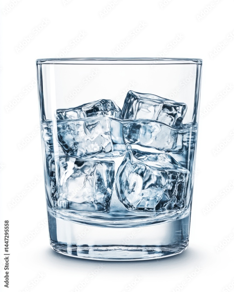 Three Ice Cubes in a Clear Glass on White Background Three Ice Cubes in a Clear Glass on White Background