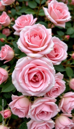 dreamy close up of pink roses in full bloom, surrounded by small