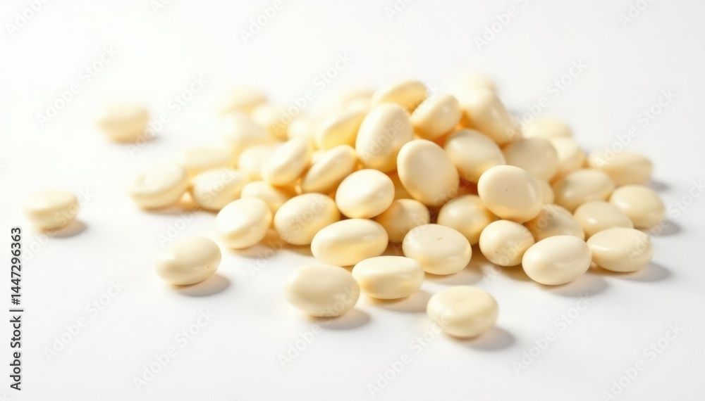 Scattered white beans on pristine white background, vegetarian, close up, photography