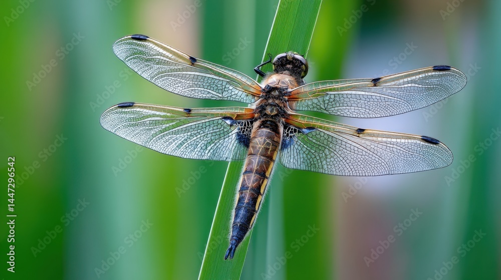 Dragonfly Resting on Reed: A Close-Up Insect Portrait