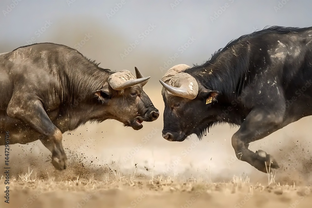 Fototapeta premium tension buffalo locking horns in dramatic African