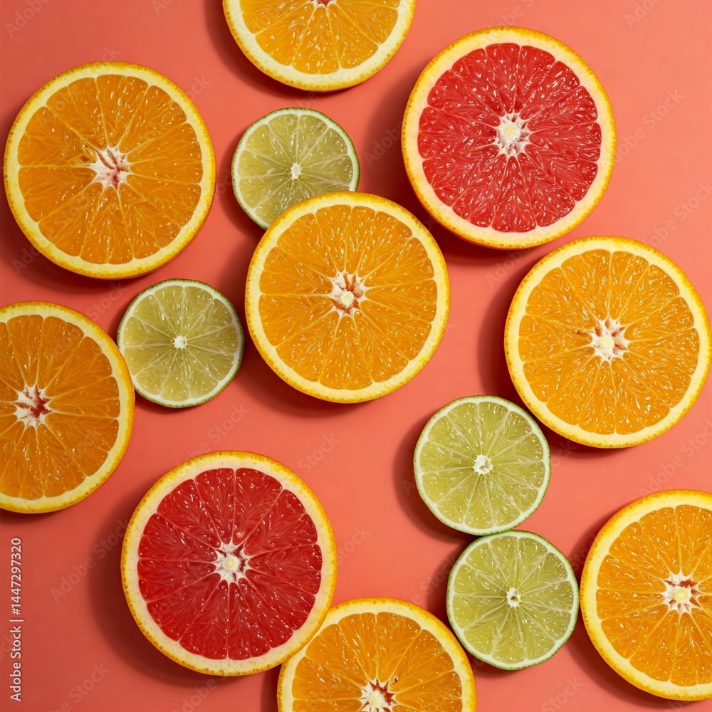 Shadow play with citrus fruits on colorful backgrounds Shadow play with citrus fruits on colorful backgrounds