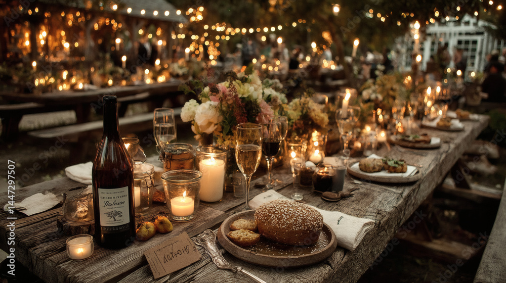 Fototapeta premium Elegant Outdoor Dinner Setup with Candles and Flowers at Night