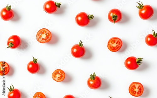 Red cherry tomatoes arranged on white background