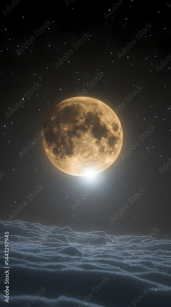 Fototapeta premium Full, orange moon over a dark, starry night sky with clouds